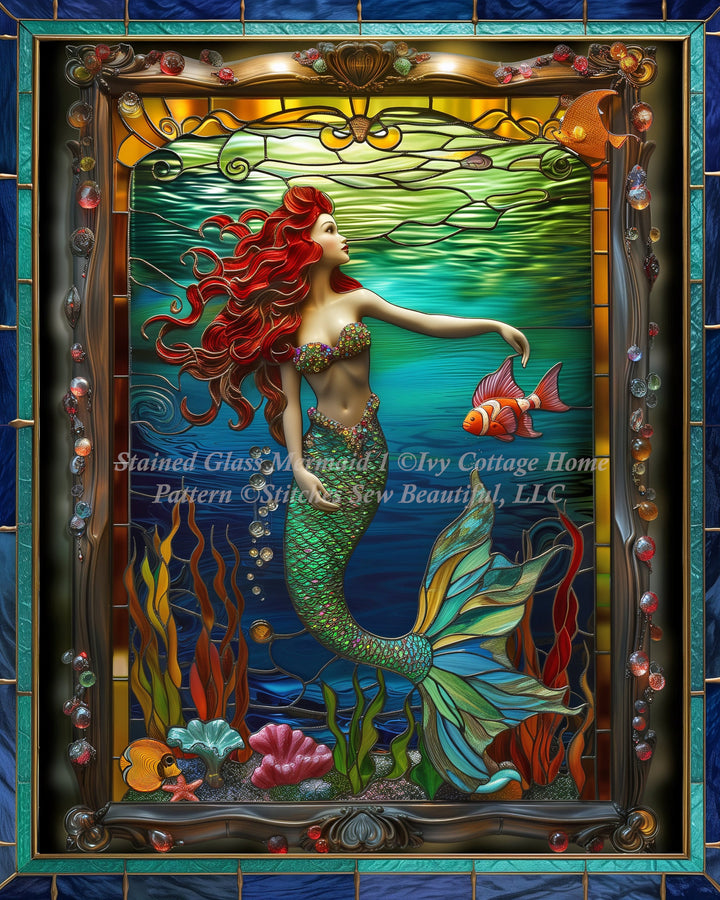 Stained Glass Mermaid 1 (Max Colors) cross stitch pattern by Ivy Cottage Home