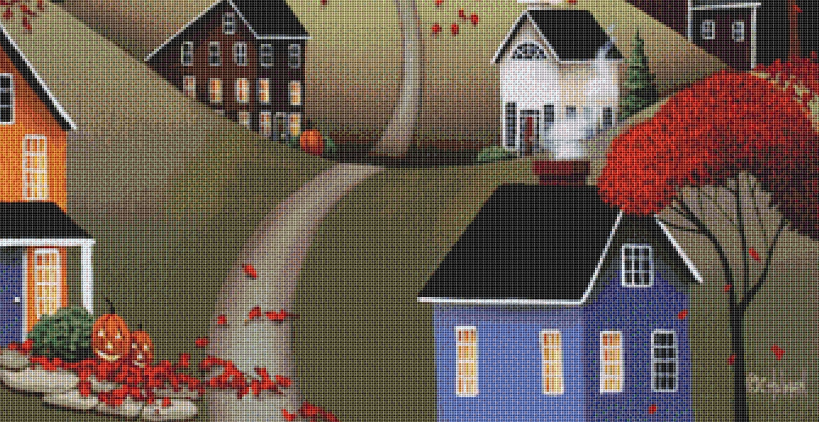 Wickford Village Halloween cross stitch pattern by Catherine Holman/Ansada Art Licensing Group, LLC
