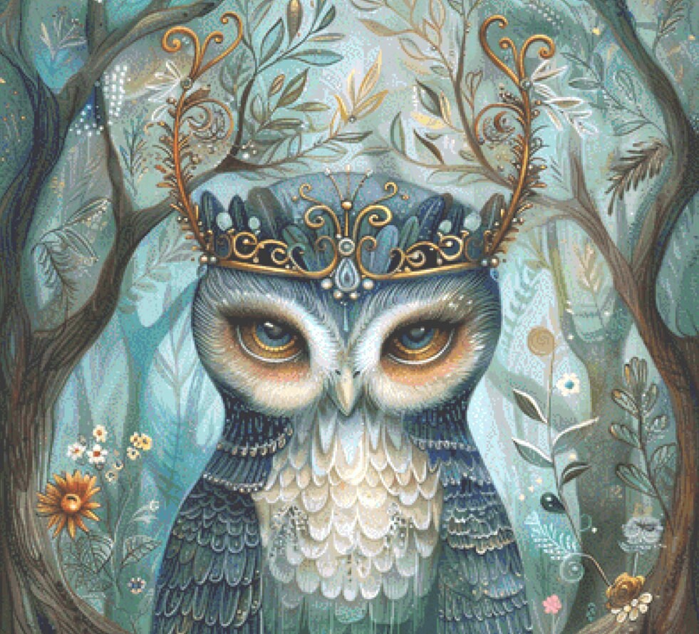 Crowned Owl (Max Colors) cross stitch pattern by PassyArt