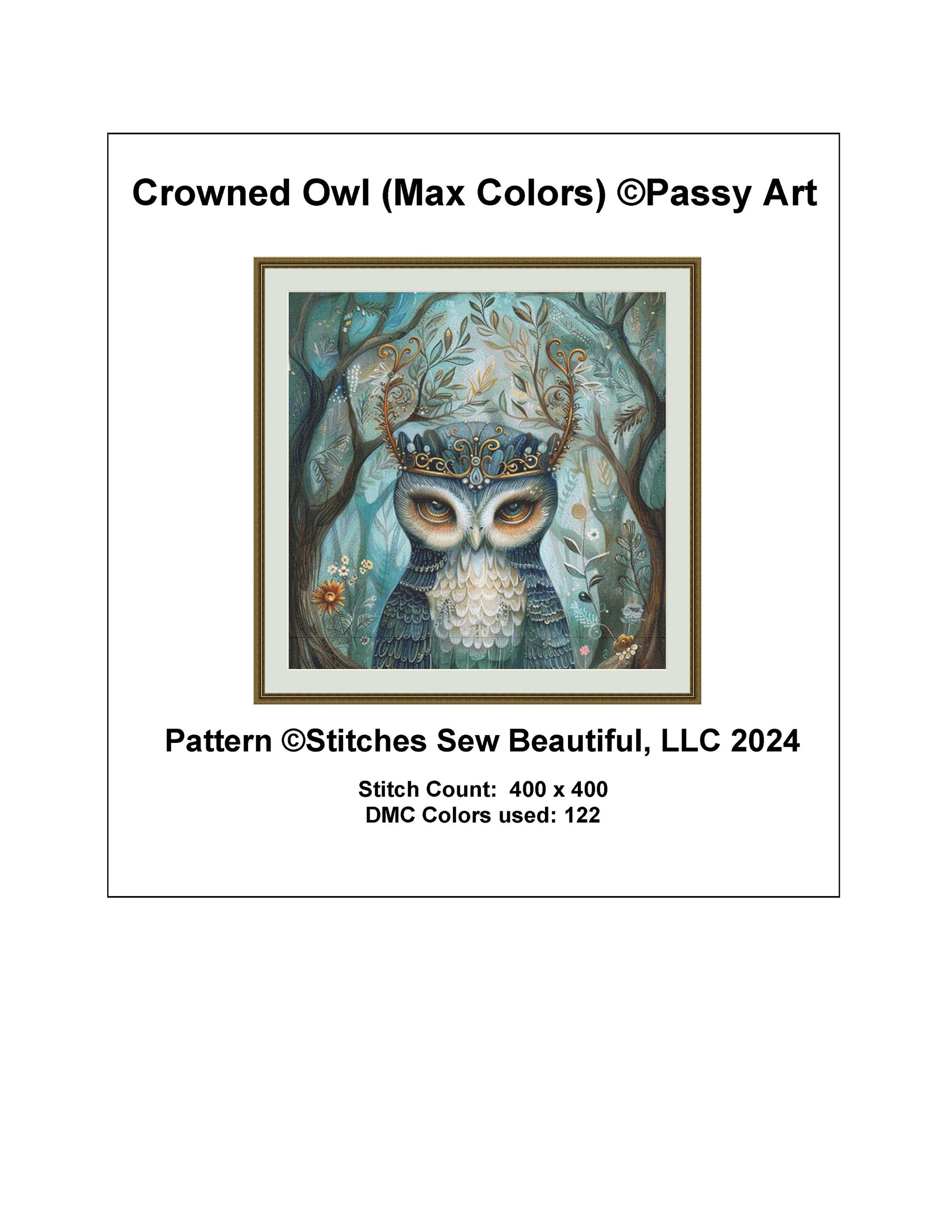 Crowned Owl (Max Colors) cross stitch pattern by PassyArt