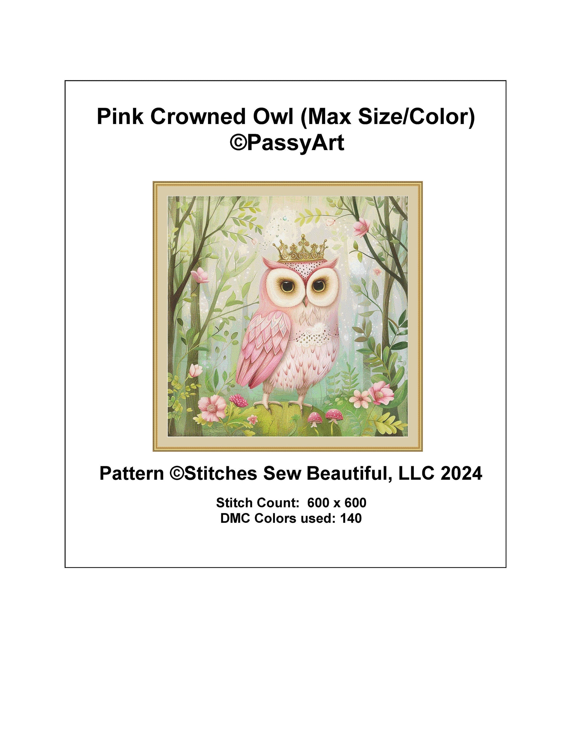 Pink Crowned Owl (Max Size/Colors) cross stitch pattern by PassyArt