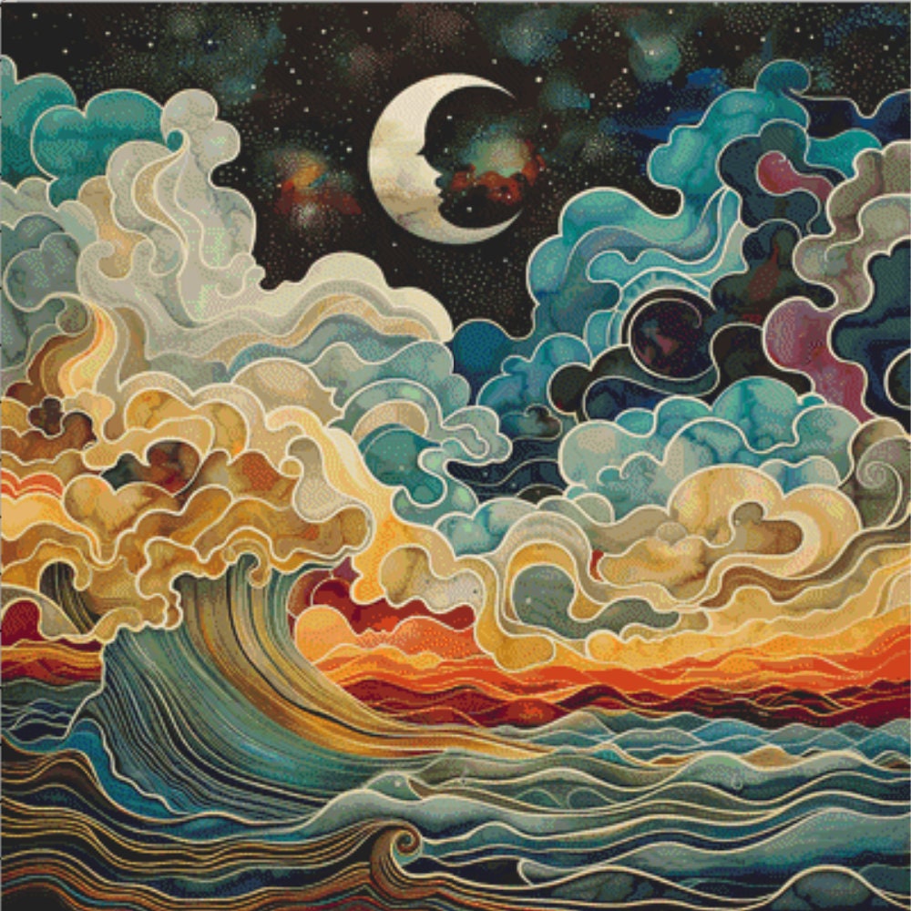 Colorful Waves Under the Crescent Moon cross stitch pattern by The Art Revivalist