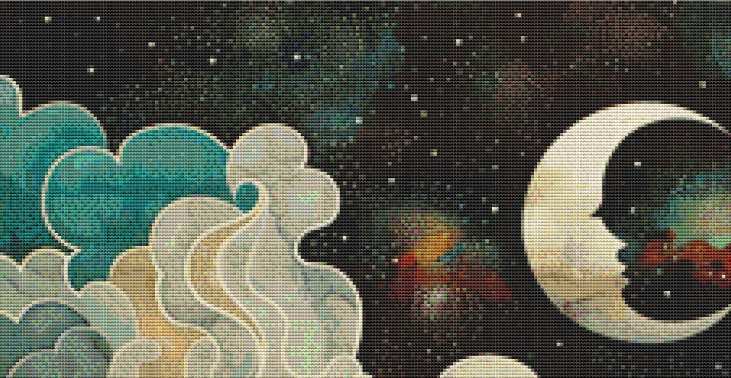 Colorful Waves Under the Crescent Moon cross stitch pattern by The Art Revivalist