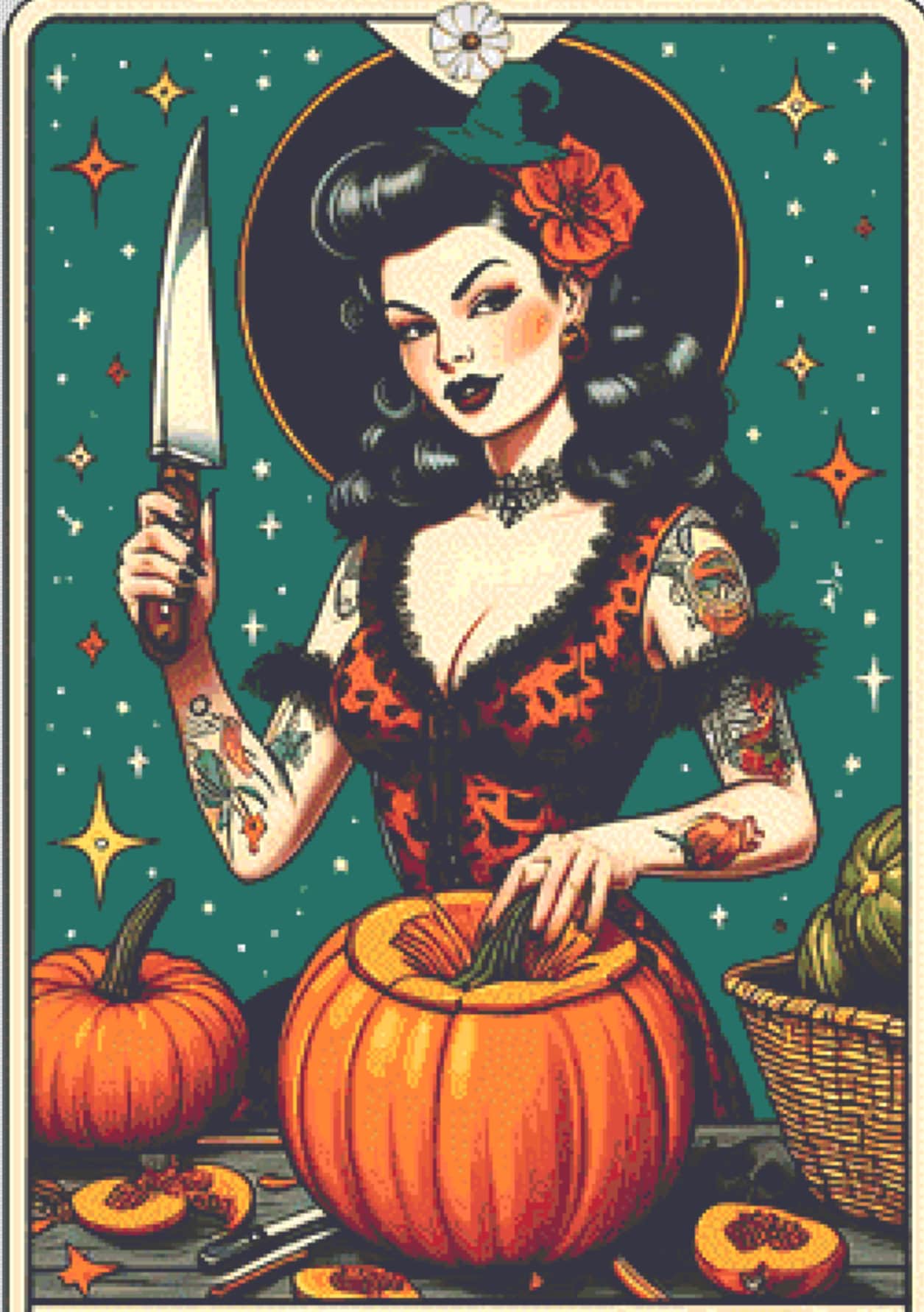The Gourd Witch cross stitch pattern by Pixel Paige Studio