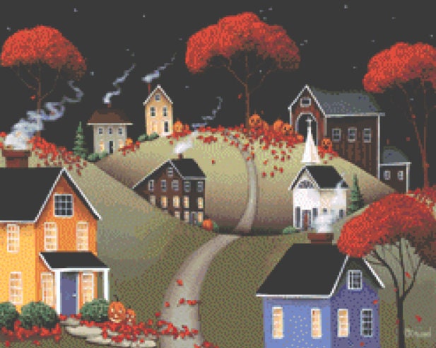 Wickford Village Halloween (Small) cross stitch pattern by Catherine Holman/Ansada Art Licensing Group, LLC