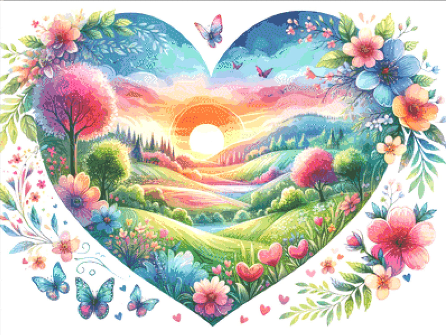 A Love Filled Landscape of Blossoms and Butterflies at Sunrise cross stitch pattern by World of Love Hearts