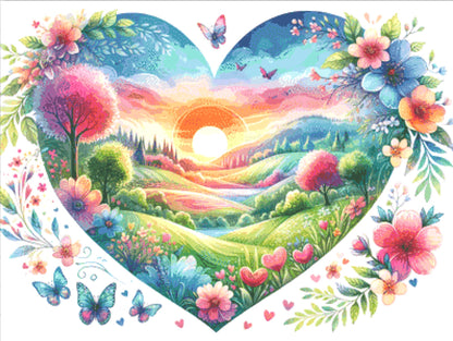 A Love Filled Landscape of Blossoms and Butterflies at Sunrise cross stitch pattern by World of Love Hearts