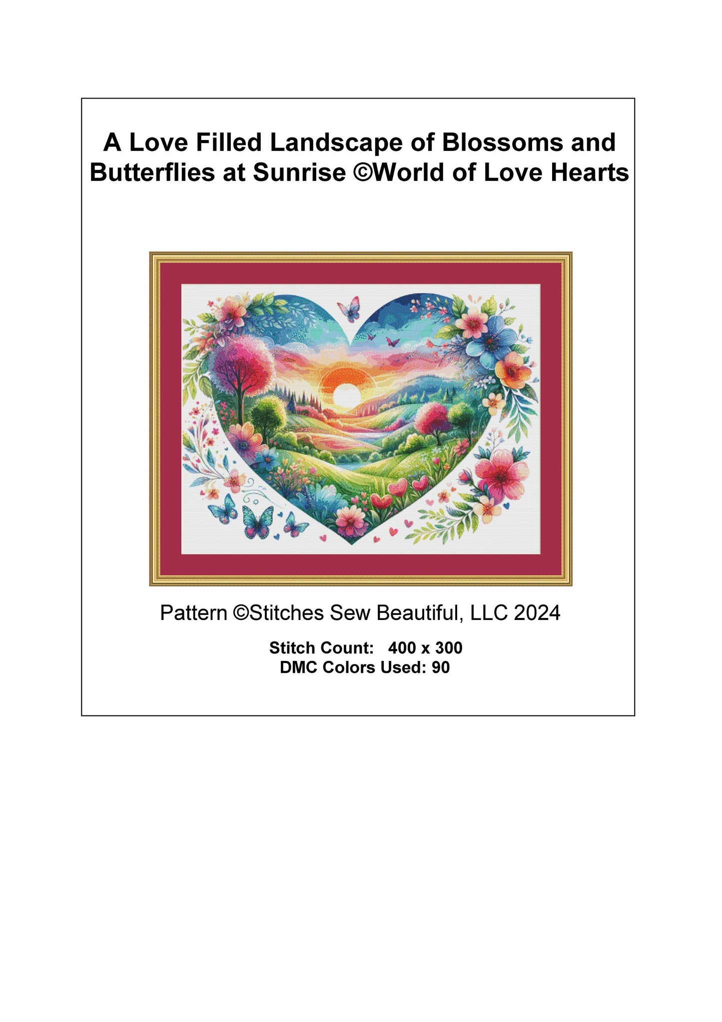 A Love Filled Landscape of Blossoms and Butterflies at Sunrise cross stitch pattern by World of Love Hearts