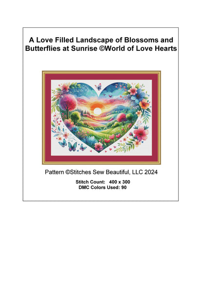 A Love Filled Landscape of Blossoms and Butterflies at Sunrise cross stitch pattern by World of Love Hearts