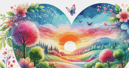 A Love Filled Landscape of Blossoms and Butterflies at Sunrise cross stitch pattern by World of Love Hearts