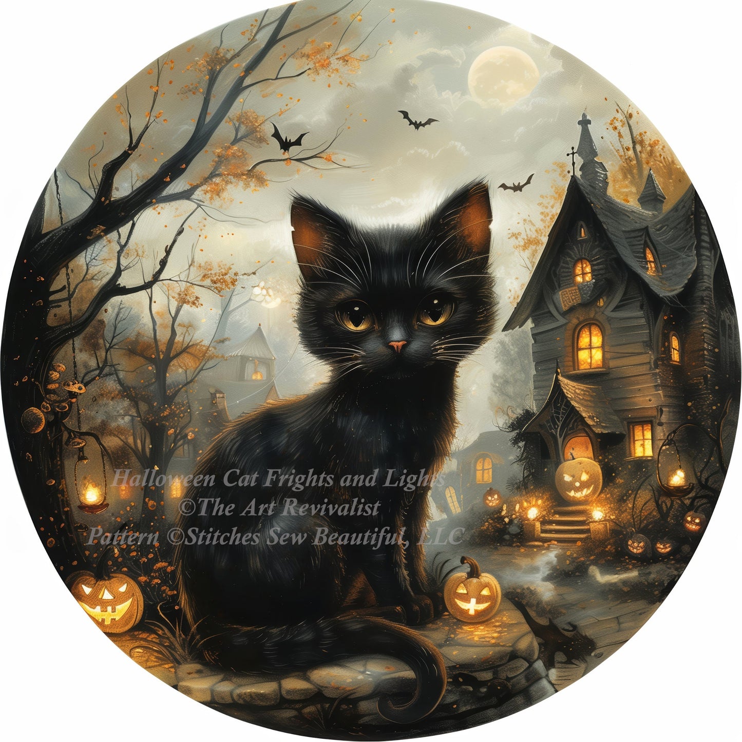 Halloween Cat Frights and Lights (Round) cross stitch pattern by The Art Revivalist