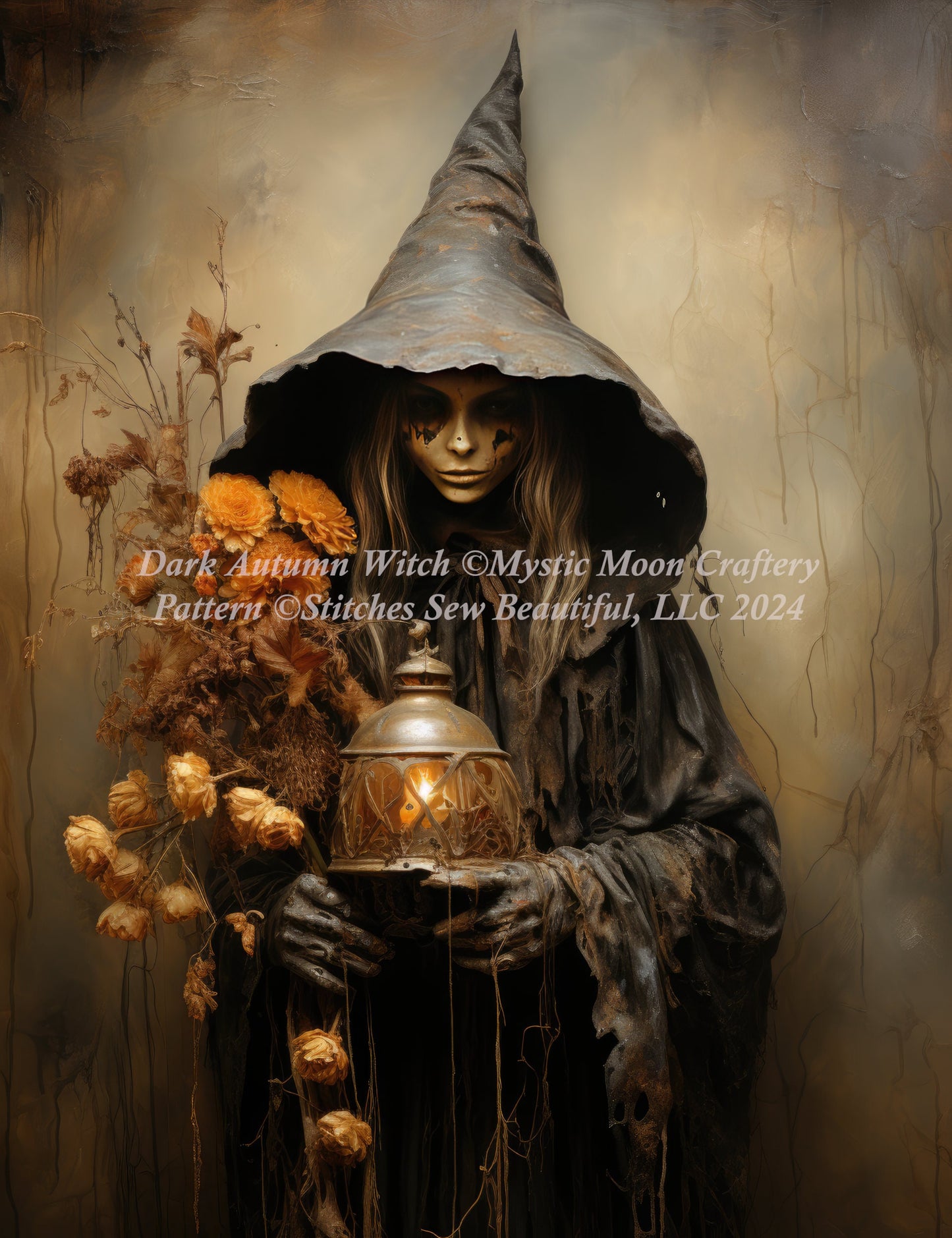 Dark Autumn Witch cross stitch pattern by Mystic Moon Craftery
