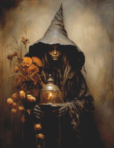 Dark Autumn Witch cross stitch pattern by Mystic Moon Craftery