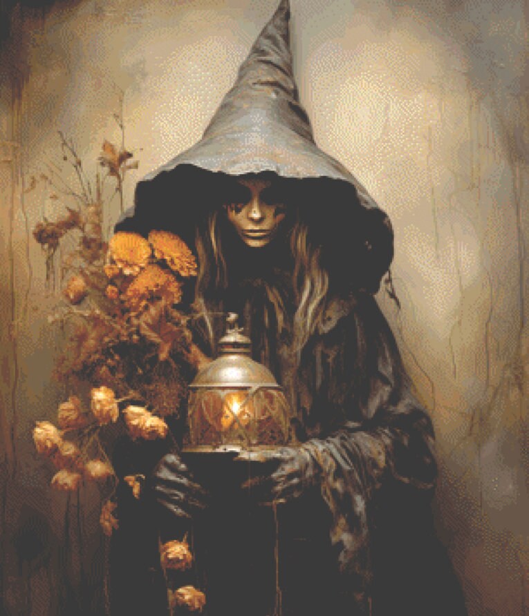 Dark Autumn Witch cross stitch pattern by Mystic Moon Craftery