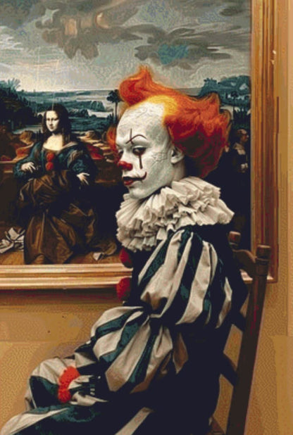 Clown Visits The Mona Lisa counted cross stitch pattern by The Art Revivalist