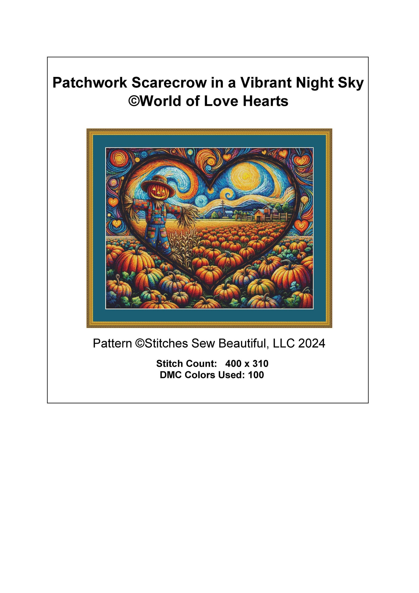 Patchwork Scarecrow in a Vibrant Night Sky cross stitch pattern by World of Love Hearts/Adrian G. Eyre