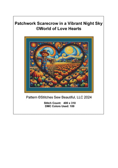 Patchwork Scarecrow in a Vibrant Night Sky cross stitch pattern by World of Love Hearts/Adrian G. Eyre
