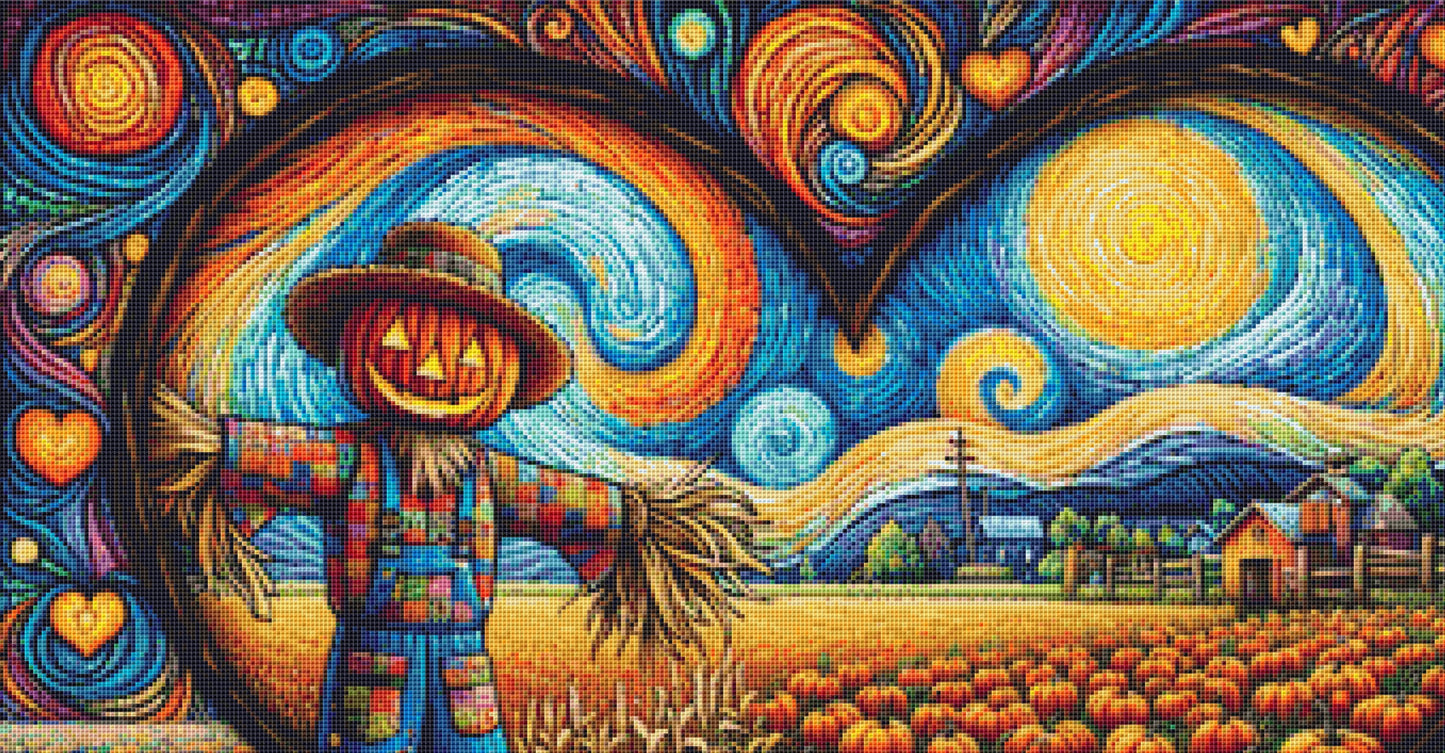 Patchwork Scarecrow in a Vibrant Night Sky cross stitch pattern by World of Love Hearts/Adrian G. Eyre