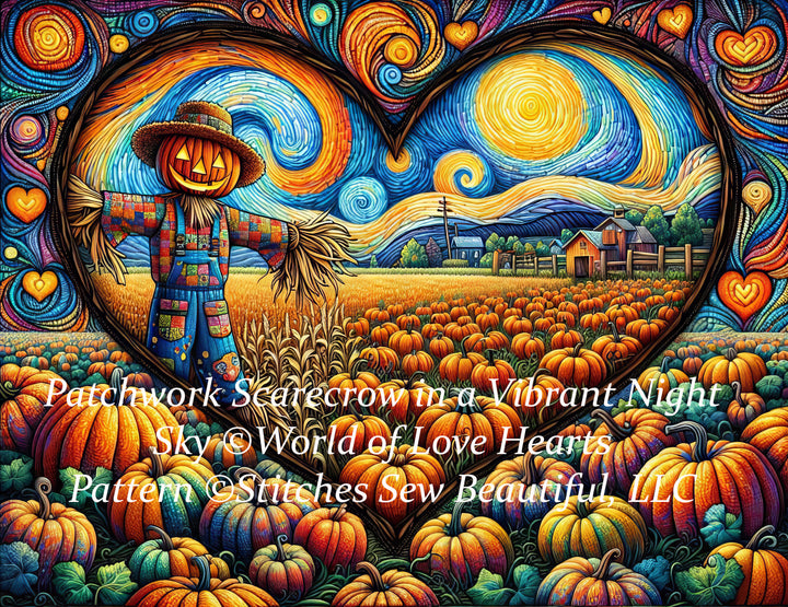 Patchwork Scarecrow in a Vibrant Night Sky cross stitch pattern by World of Love Hearts/Adrian G. Eyre