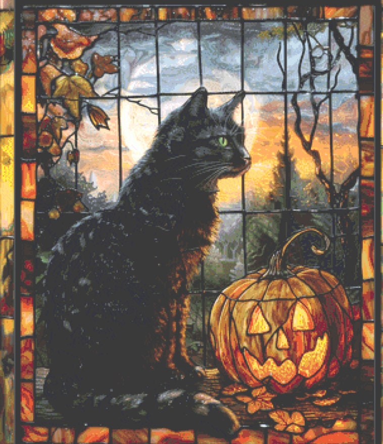 Stained Glass Halloween Cat cross stitch pattern by IvyCottageHome