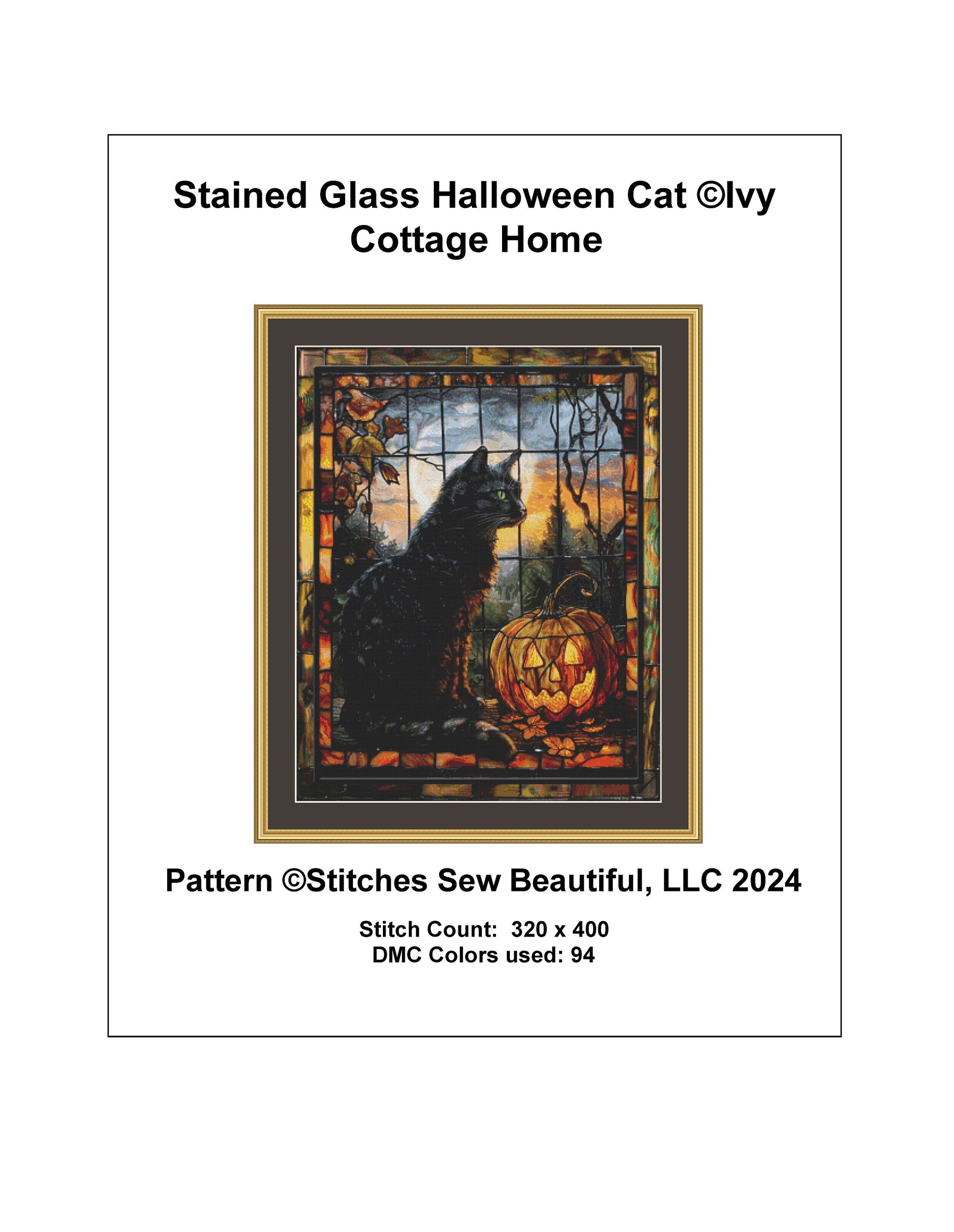 Stained Glass Halloween Cat cross stitch pattern by IvyCottageHome