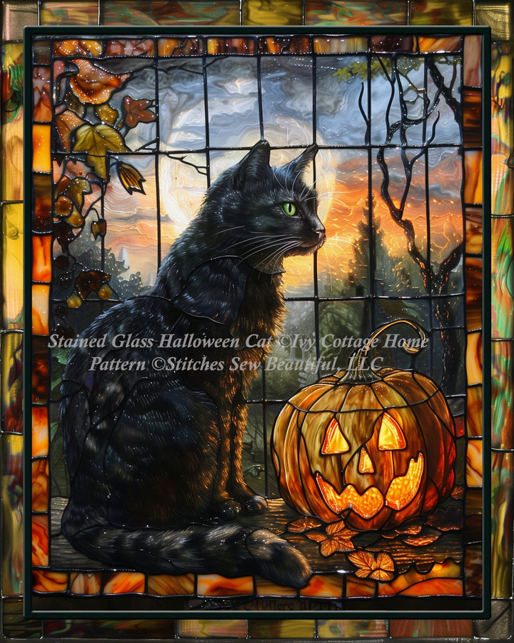 Stained Glass Halloween Cat cross stitch pattern by IvyCottageHome