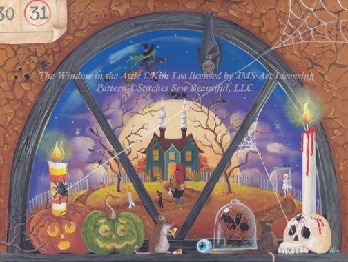 The Window in the Attic cross stitch pattern by Kim Leo licensed by JMS Art Licensing
