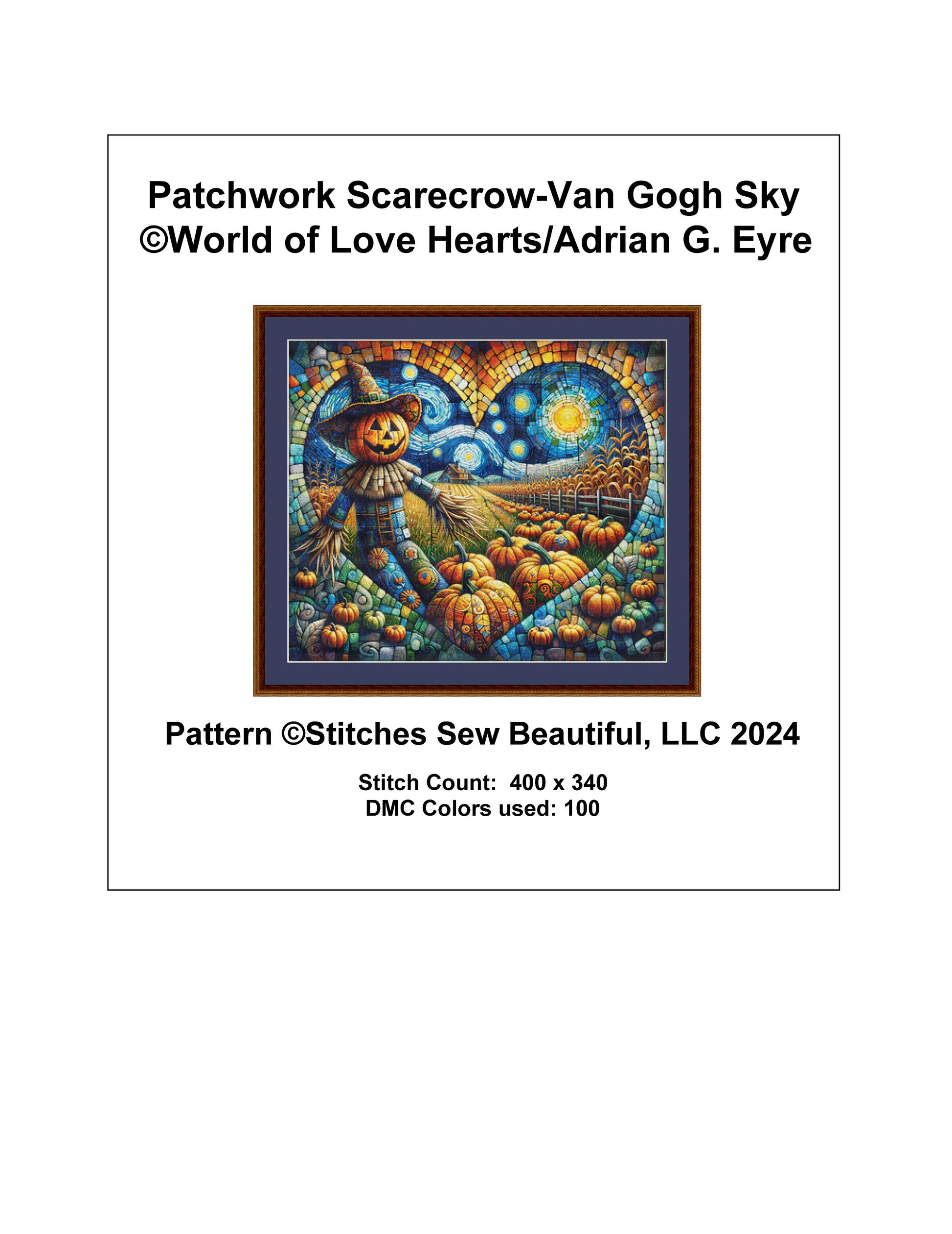 Patchwork Scarecrow-Van Gogh Sky cross stitch pattern by World of Love Hearts/Adrian G. Eyre