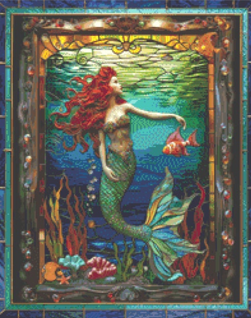Stained Glass Mermaid 1 (Small) cross stitch pattern by IvyCottageHome