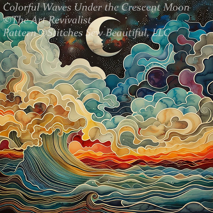 Colorful Waves Under the Crescent Moon cross stitch pattern by The Art Revivalist