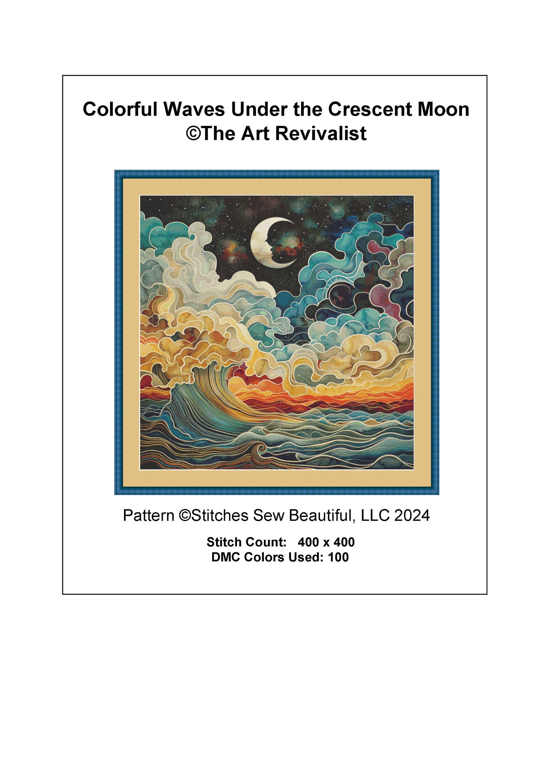 Colorful Waves Under the Crescent Moon cross stitch pattern by The Art Revivalist