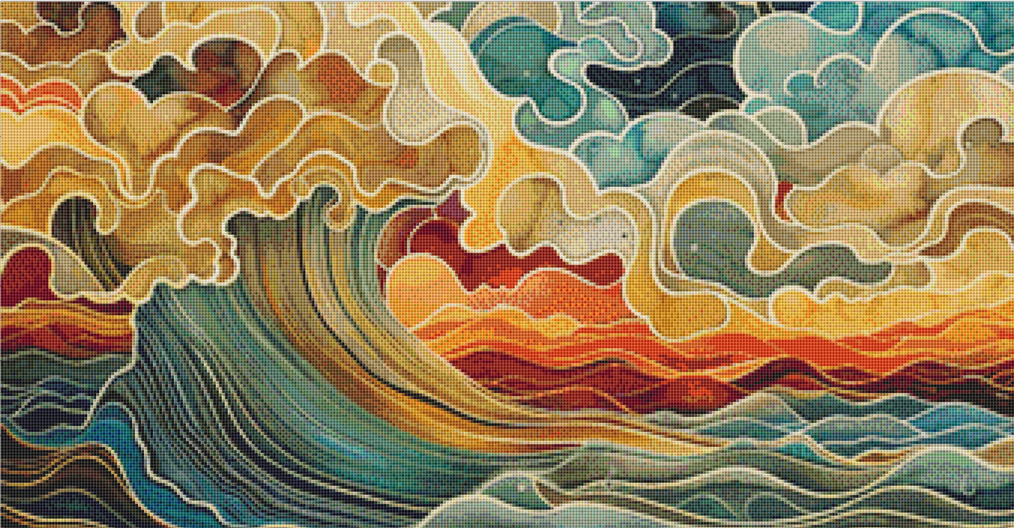 Colorful Waves Under the Crescent Moon cross stitch pattern by The Art Revivalist
