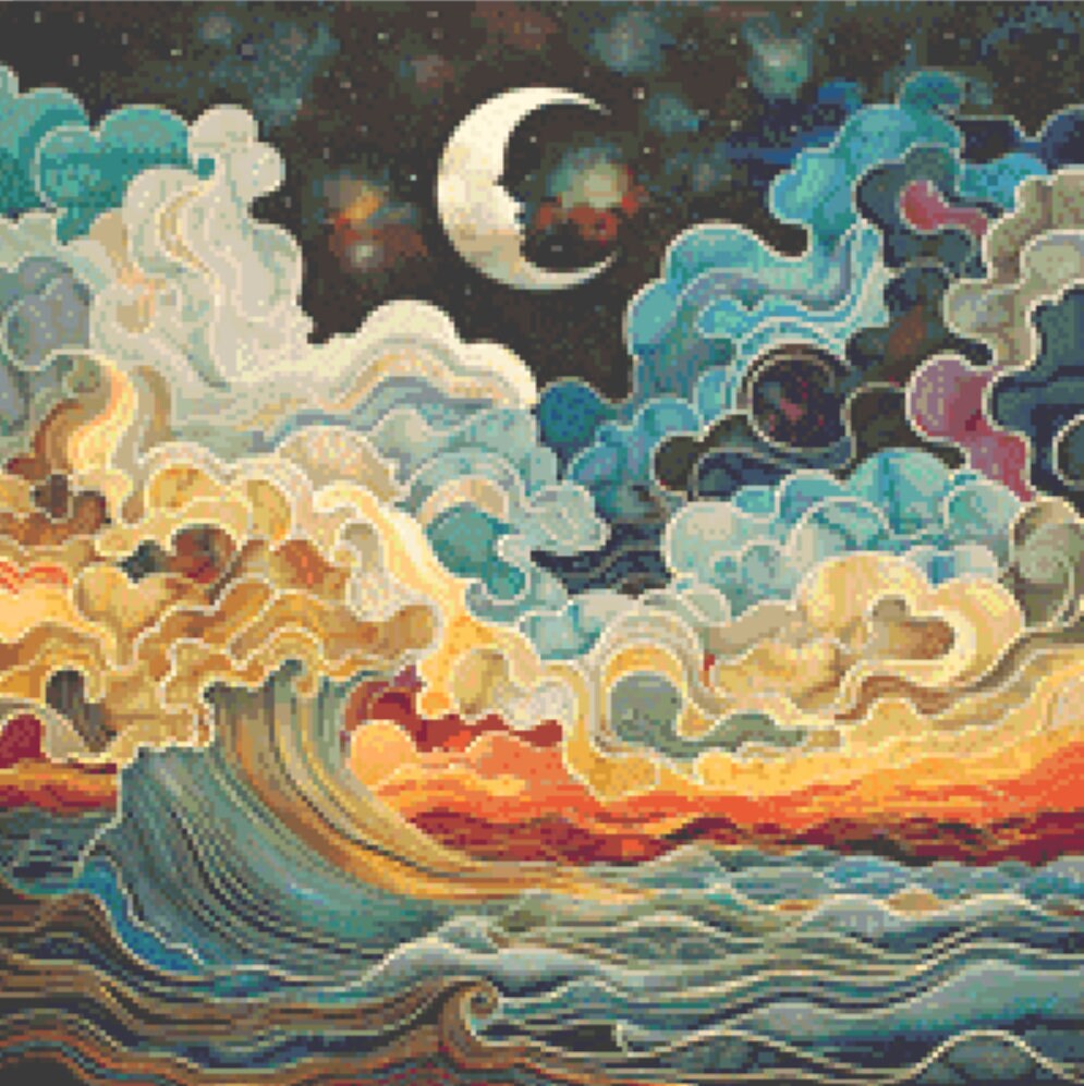 Colorful Waves Under the Crescent Moon (small) full coverage cross stitch pattern by The Art Revivalist
