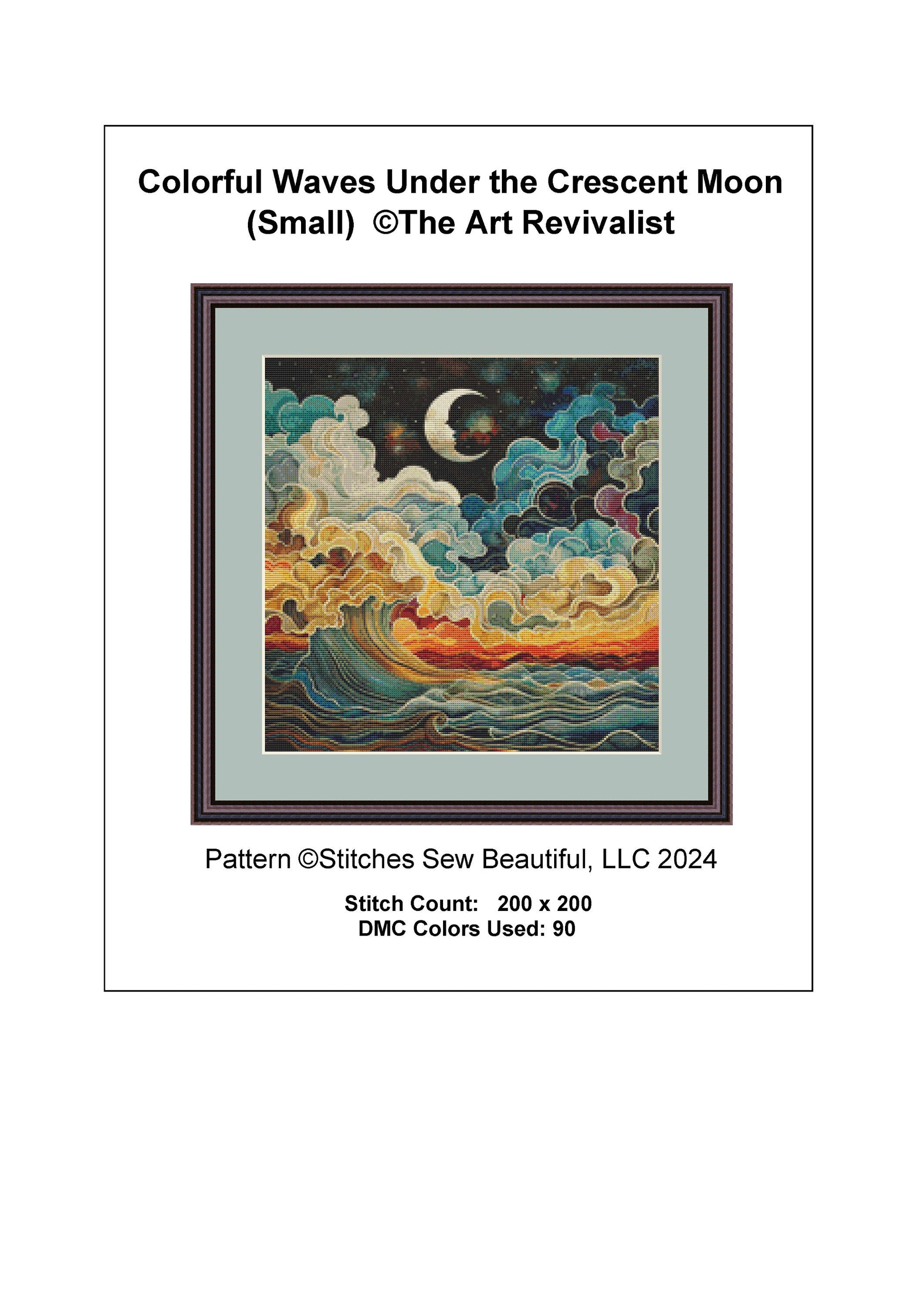 Colorful Waves Under the Crescent Moon (small) full coverage cross stitch pattern by The Art Revivalist