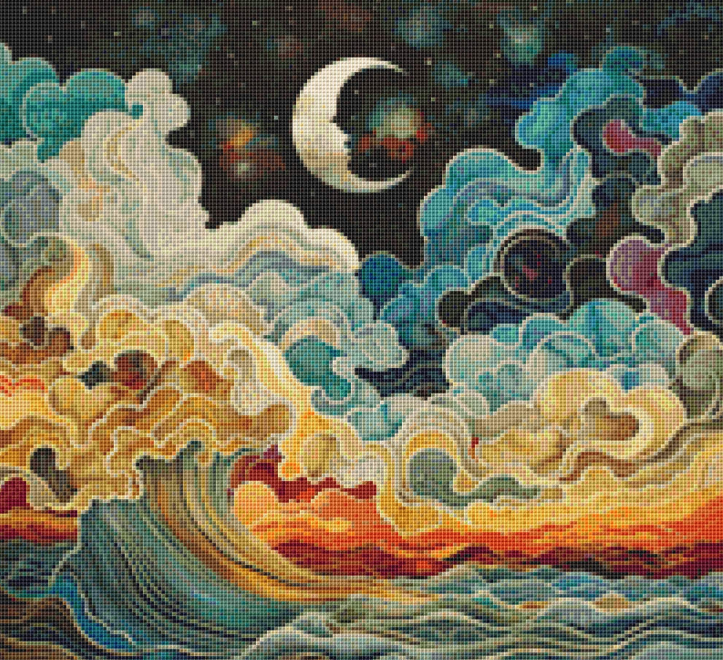 Colorful Waves Under the Crescent Moon (small) full coverage cross stitch pattern by The Art Revivalist