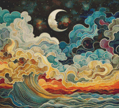 Colorful Waves Under the Crescent Moon (small) full coverage cross stitch pattern by The Art Revivalist