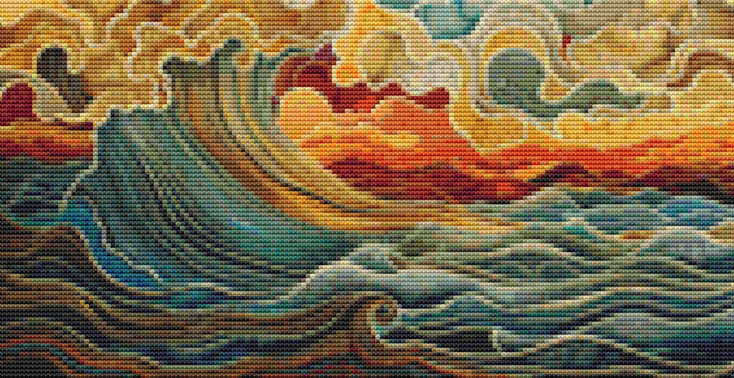 Colorful Waves Under the Crescent Moon (small) full coverage cross stitch pattern by The Art Revivalist