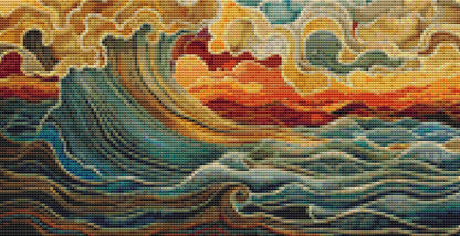 Colorful Waves Under the Crescent Moon (small) full coverage cross stitch pattern by The Art Revivalist