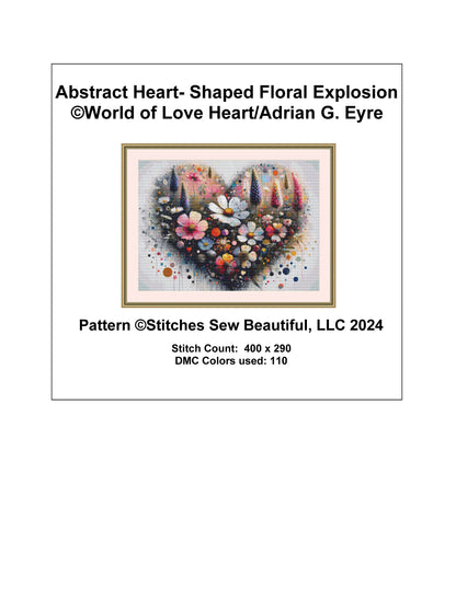 Abstract Heart-Shaped Floral Explosion cross stitch pattern by World of Love Hearts/Adrian G. Eyre