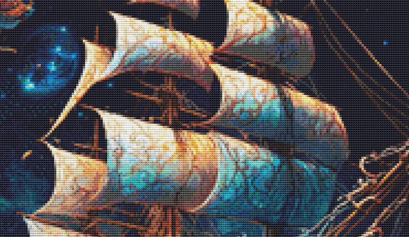 Cosmic Pirate Ship (Max Color) cross stitch pattern by DigitalArtClubAU