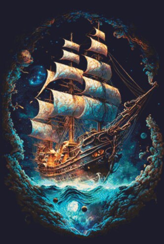 Cosmic Pirate Ship cross stitch pattern by DigitalArtClubAU