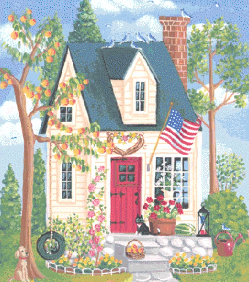Summertime Cottage cross stitch pattern by Kim Leo licensed by JMS Art Licensing