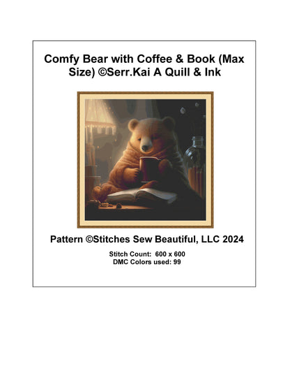 Comfy Bear with Coffe and Book (Max Size) cross stitch pattern by Serr.Kai A Quill & Ink