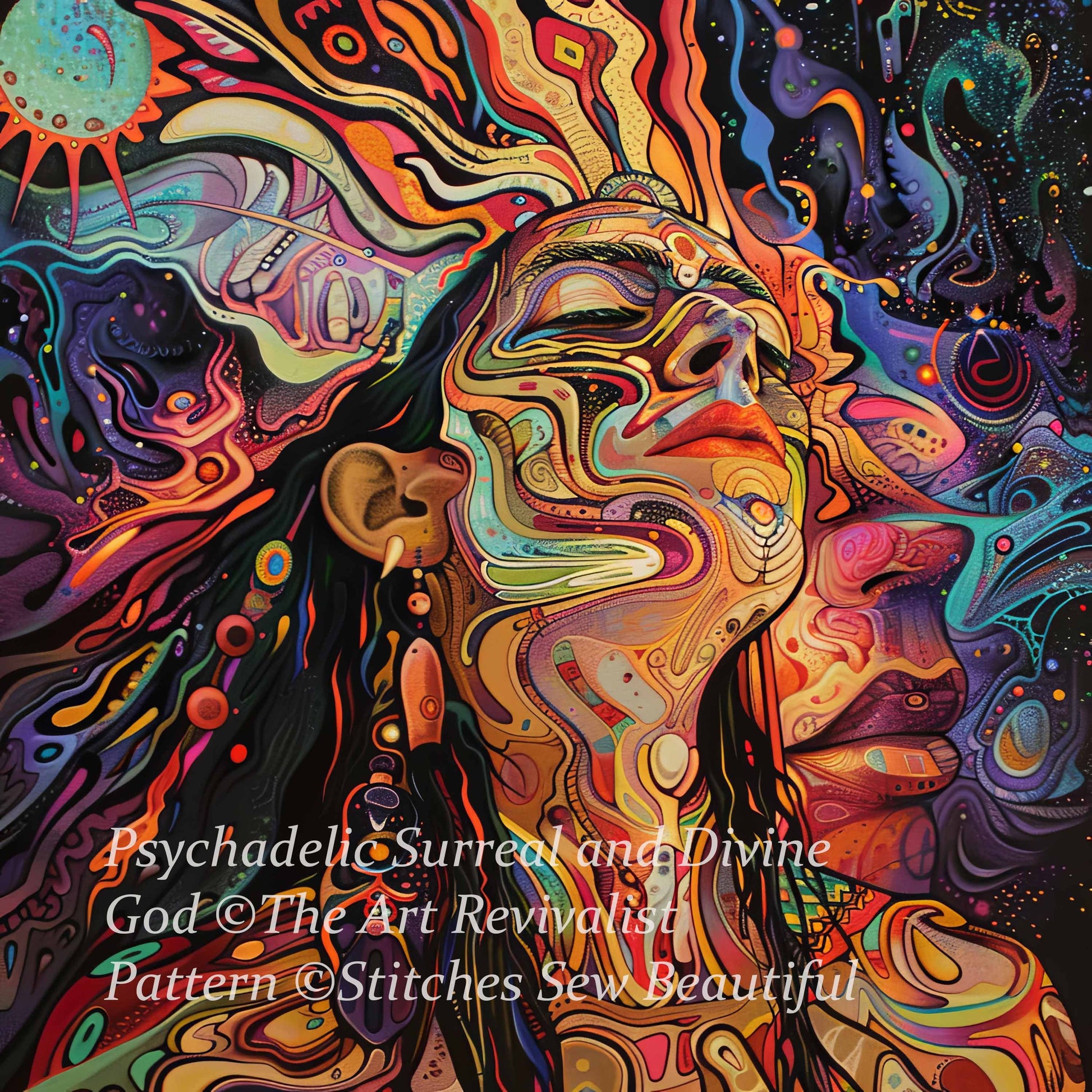 Psycahdelic Surreal and Divine God cross stitch pattern by The Art Revivalist
