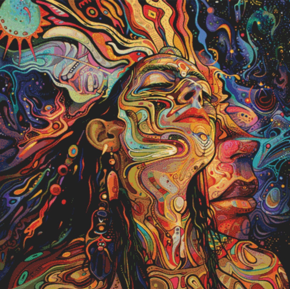 Psycahdelic Surreal and Divine God cross stitch pattern by The Art Revivalist