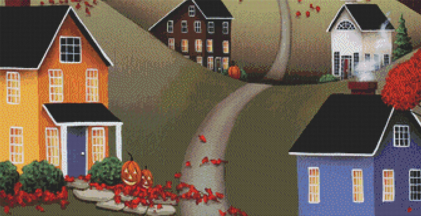 Wickford Village Halloween (Max Color) cross stitch pattern by Catherine Holman/Ansada Art Licensing Group, LLC