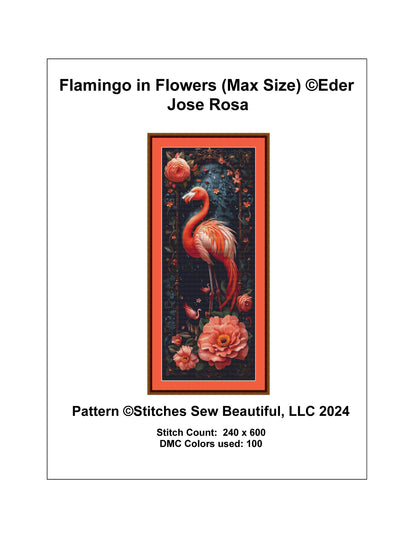 Flamingo in Flowers (Max Size) cross stitch pattern by Eder Jose Rosa