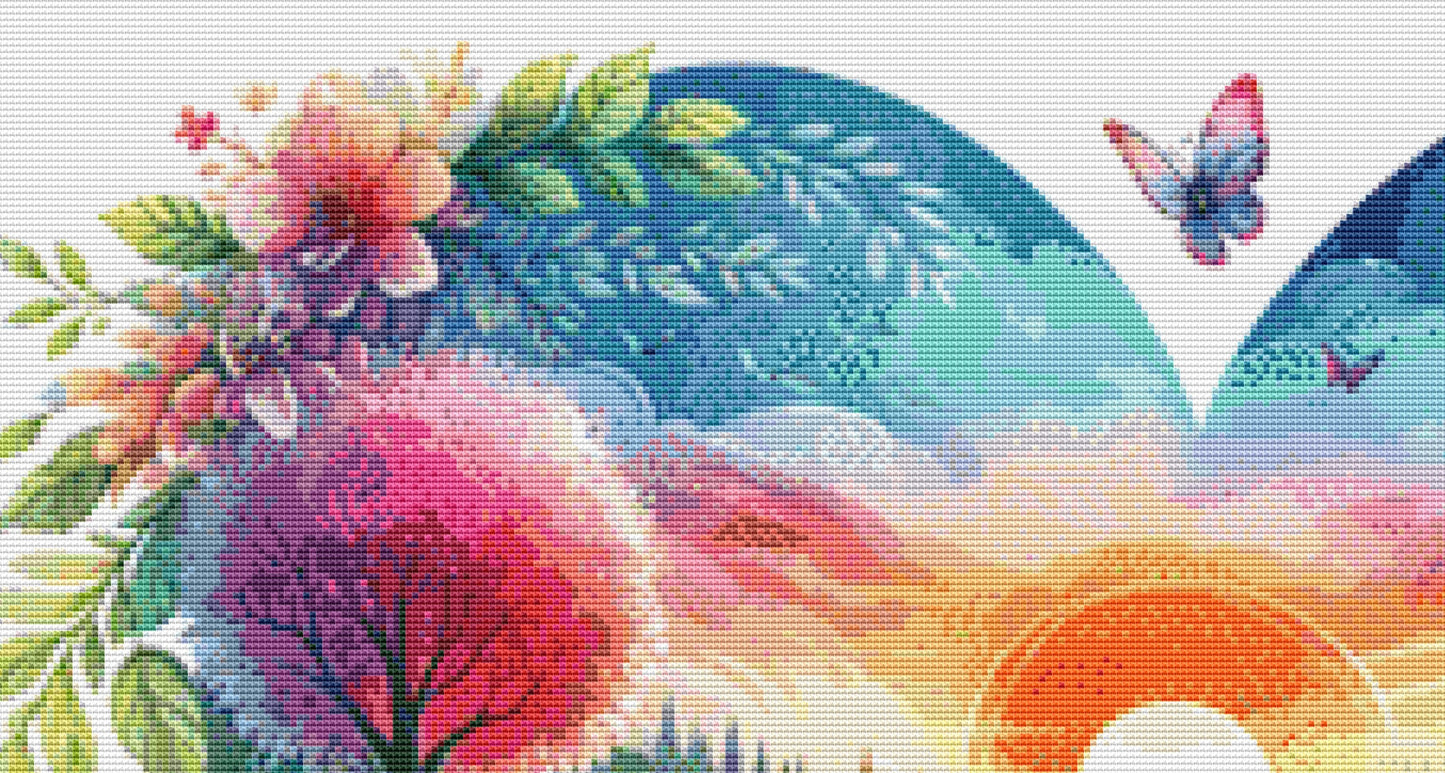 A Love Filled Landscape of Blossoms and Butterflies at Sunrise cross stitch pattern by World of Love Hearts