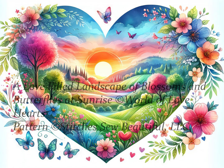 A Love Filled Landscape of Blossoms and Butterflies at Sunrise cross stitch pattern by World of Love Hearts