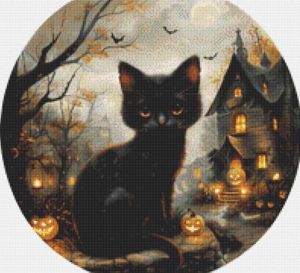 Halloween Cat Frights and Lights (Round) cross stitch pattern by The Art Revivalist